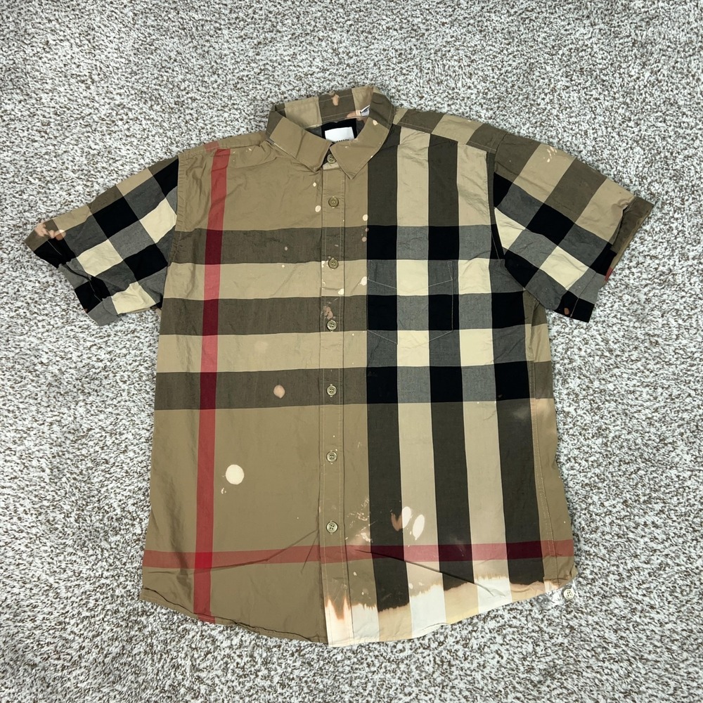Burberry Shirt Boys 2XL Beige Plaid Short Sleeve Button Up Nova Check Bleach